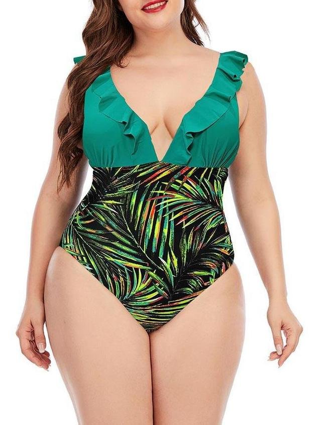 High Cut Plus Size Printing Colorblock Ruffle Swimsuit - Plus Swimsuits - INS | Online Fashion Free Shipping Clothing, Dresses, Tops, Shoes - 22/04/2021 - Color_Black - Color_Green