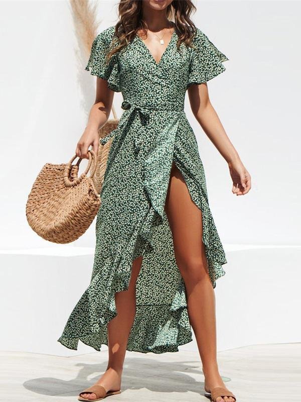 High-waist Irregular Ruffled Hem Chiffon Print Dress - Maxi Dresses - INS | Online Fashion Free Shipping Clothing, Dresses, Tops, Shoes - 2XL - 31/03/2021 - Black
