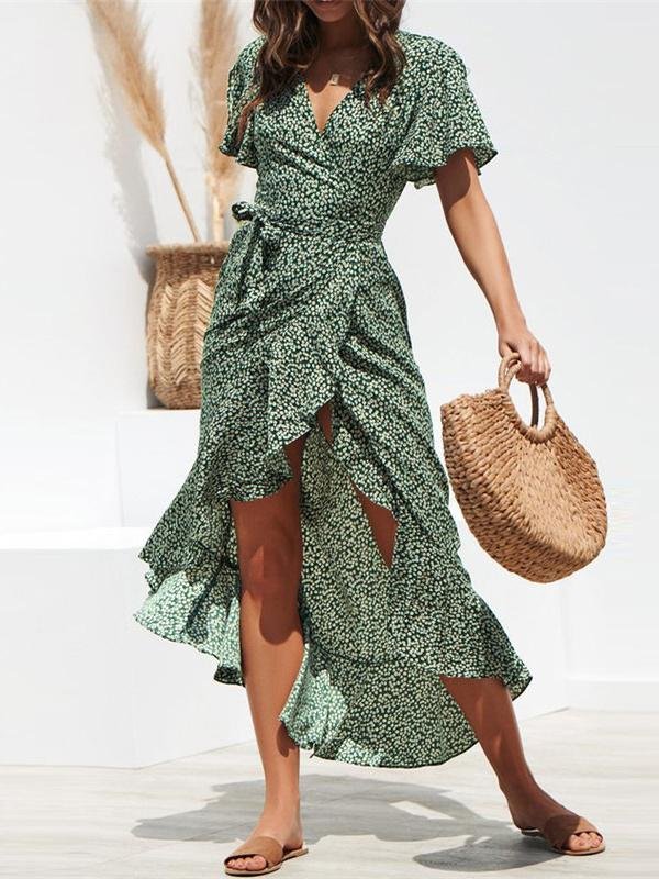 High-waist Irregular Ruffled Hem Chiffon Print Dress - Maxi Dresses - INS | Online Fashion Free Shipping Clothing, Dresses, Tops, Shoes - 2XL - 31/03/2021 - Black