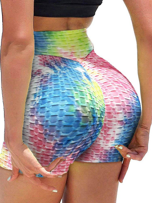 High Waist Tie Dye Print Butt Lifting Bubble Textured Yoga Shorts - Yoga Shorts - INS | Online Fashion Free Shipping Clothing, Dresses, Tops, Shoes - 30/04/2021 - Color_Multicolor - Pants Length_Short