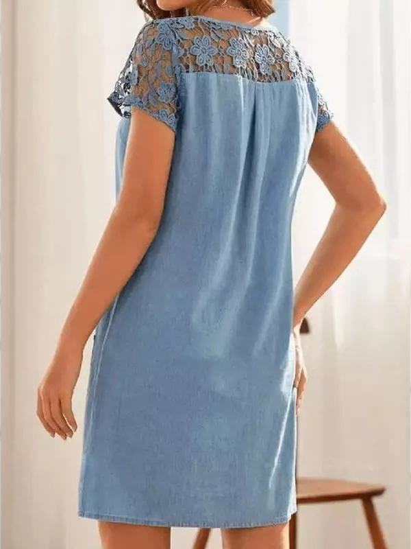 Hollow Lace Short-sleeved Denim Dress - Mini Dresses - INS | Online Fashion Free Shipping Clothing, Dresses, Tops, Shoes - 24/05/2021 - Category_Mini Dresses - Color_Blue