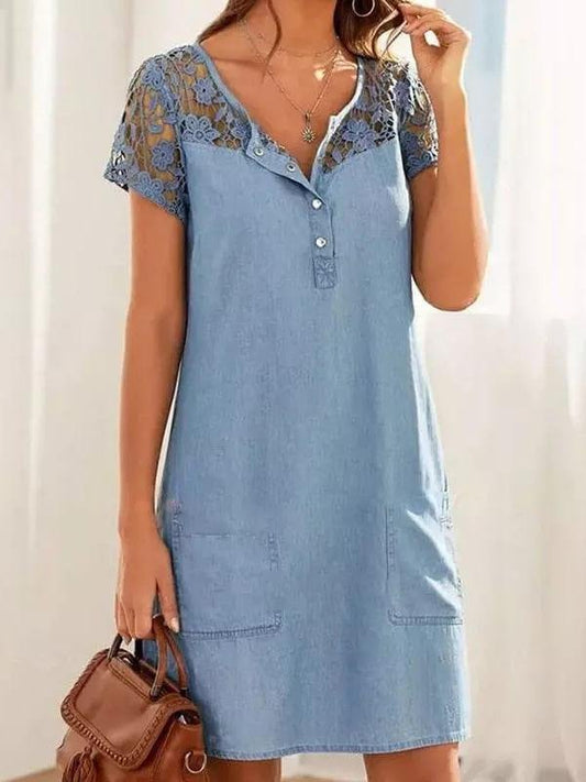 Hollow Lace Short-sleeved Denim Dress - Mini Dresses - INS | Online Fashion Free Shipping Clothing, Dresses, Tops, Shoes - 24/05/2021 - Category_Mini Dresses - Color_Blue
