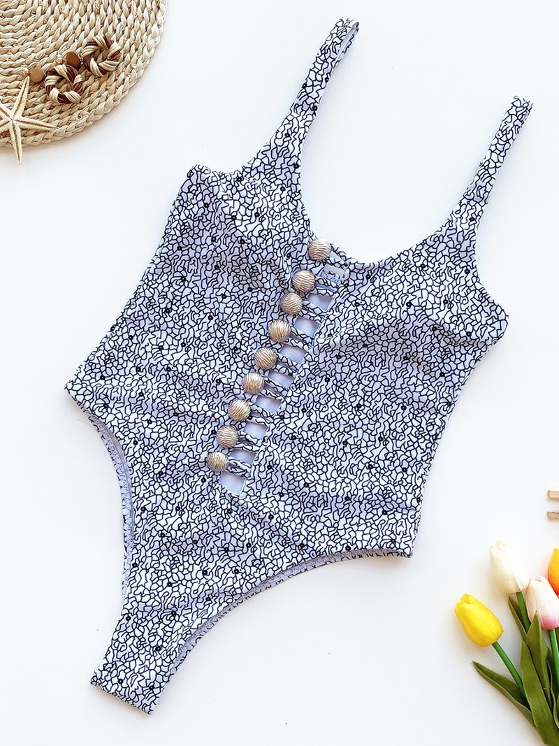 Hollow One-piece Swimsuit With Printed Buttons - Swimsuits - INS | Online Fashion Free Shipping Clothing, Dresses, Tops, Shoes - 14/04/2021 - Colour_Black - Colour_White