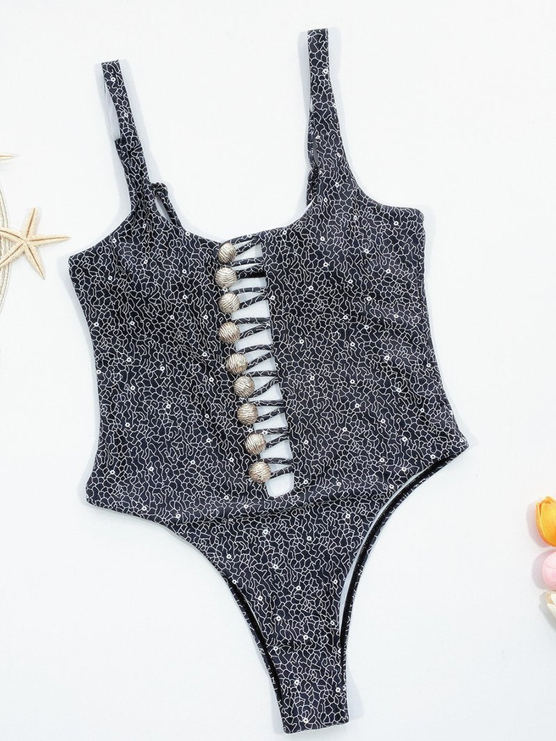 Hollow One-piece Swimsuit With Printed Buttons - Swimsuits - INS | Online Fashion Free Shipping Clothing, Dresses, Tops, Shoes - 14/04/2021 - Colour_Black - Colour_White