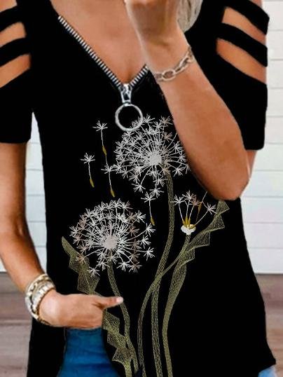 Hollow V-neck Zipper Dandelion Print Short-sleeved T-shirt - T-shirts - INS | Online Fashion Free Shipping Clothing, Dresses, Tops, Shoes - 20-30 - 27/07/2021 - color-black