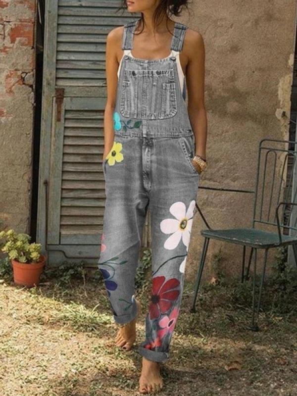 INS Women's Printed Sling Pockets Denim Jumpsuit - Jumpsuits & Rompers - INS | Online Fashion Free Shipping Clothing, Dresses, Tops, Shoes - 06/08/2021 - 40-50 - Bottom