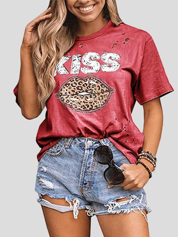 Kiss Leopard Print Round Neck Short Sleeve T-shirt - T-shirts - INS | Online Fashion Free Shipping Clothing, Dresses, Tops, Shoes - 07/07/2021 - 10-20 - color-black