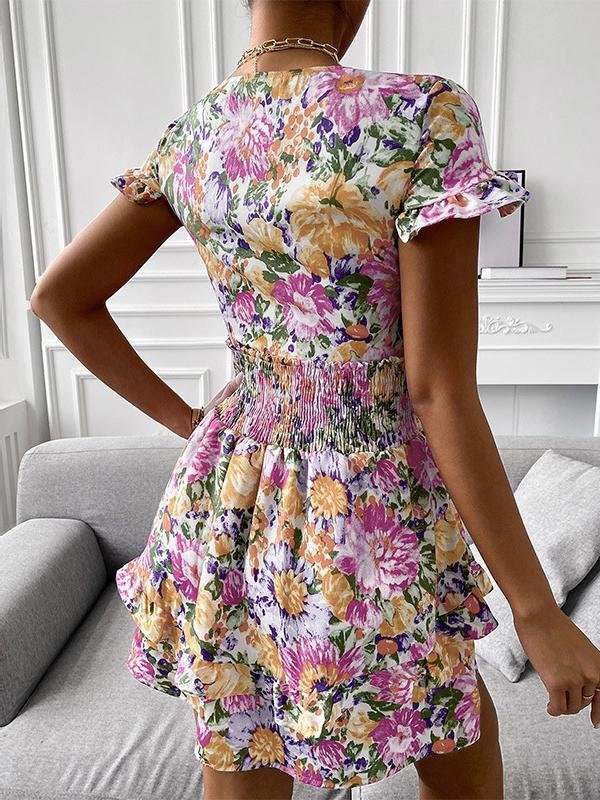 Knotted Print Ruffled V-neck Short Dress - Mini Dresses - INS | Online Fashion Free Shipping Clothing, Dresses, Tops, Shoes - 10/06/2021 - Color_Purple - DRE2106100327