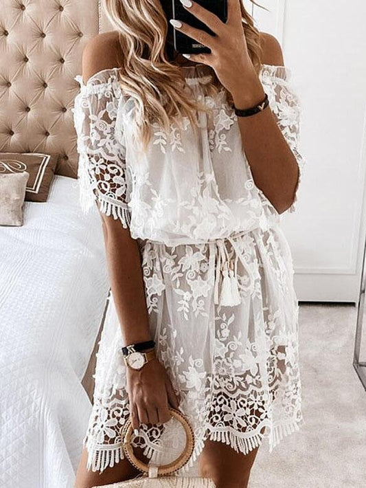Lace Boat Neck Off-Shoulder Mini Dress - Mini Dresses - INS | Online Fashion Free Shipping Clothing, Dresses, Tops, Shoes - 08/07/2021 - 30-40 - Category_Mini Dresses