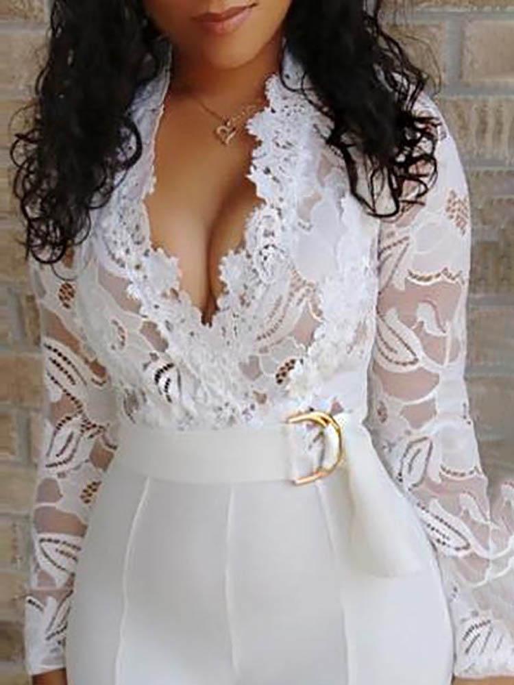 Lace Bodice Plunge Long Sleeve Jumpsuit - Jumpsuits & Rompers - INS | Online Fashion Free Shipping Clothing, Dresses, Tops, Shoes - 30/04/2021 - Color_White - JUM210430048