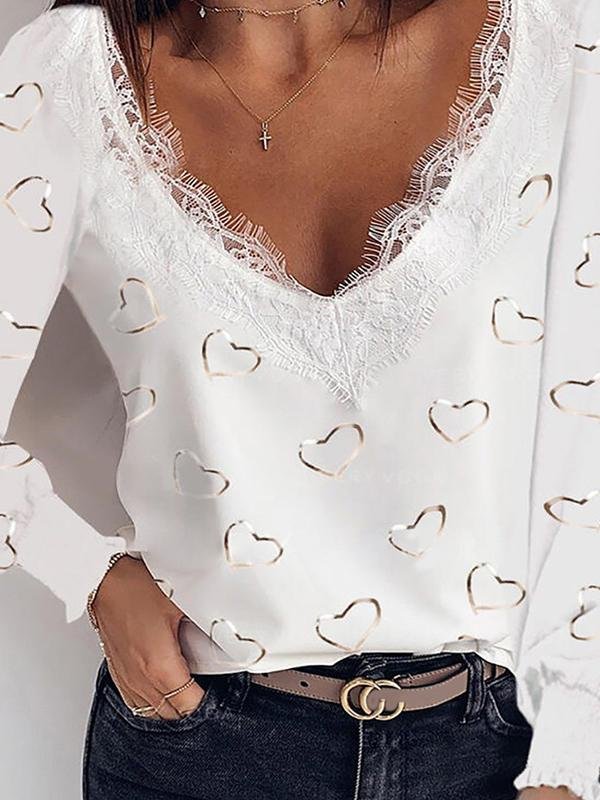 Lace Collar Bronzing Love Long-sleeved T-shirt - T-shirts - INS | Online Fashion Free Shipping Clothing, Dresses, Tops, Shoes - 31/05/2021 - Color_White - LXQ
