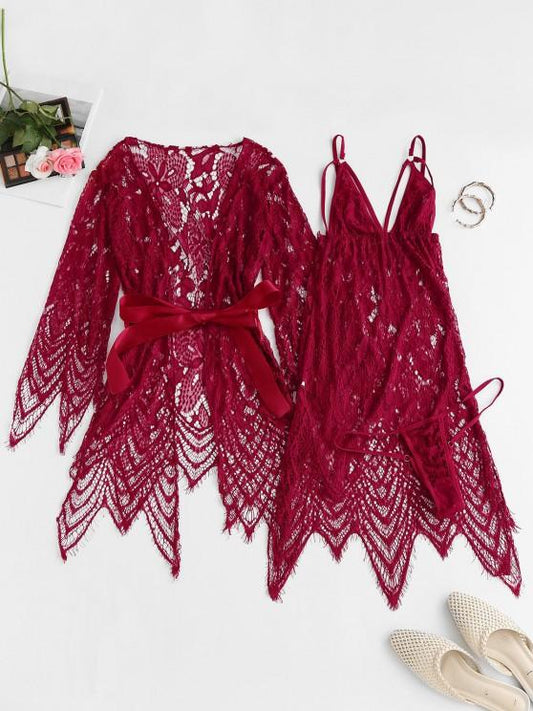 Lace Eyelash See Thru Sexy Lingerie Babydoll with Robe - INS | Online Fashion Free Shipping Clothing, Dresses, Tops, Shoes
