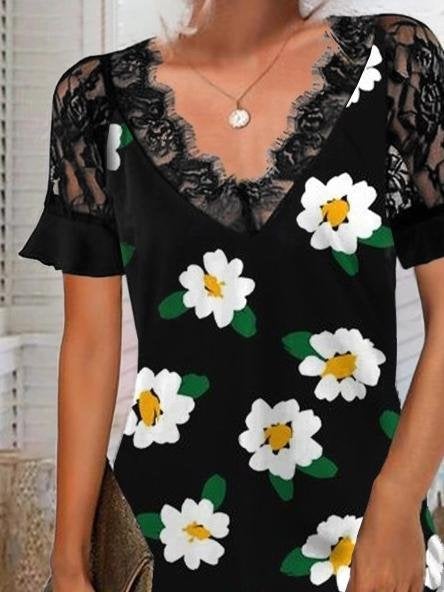 Lace Short-sleeved Fashion Print Dress - Mini Dresses - INS | Online Fashion Free Shipping Clothing, Dresses, Tops, Shoes - 02/07/2021 - 20-30 - color-pink