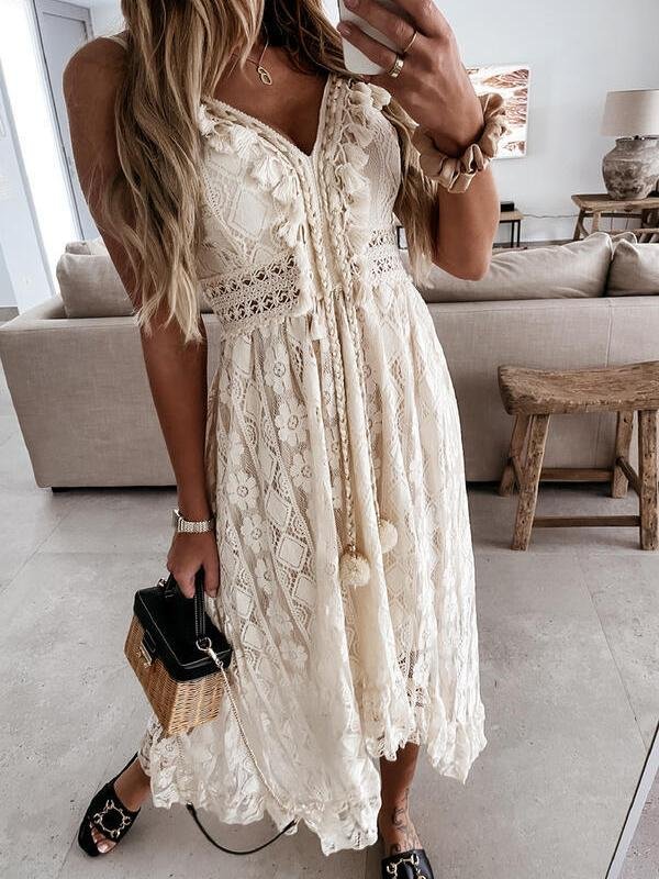 Lace Sling Solid Color Sleeveless Dress - Maxi Dresses - INS | Online Fashion Free Shipping Clothing, Dresses, Tops, Shoes - 24/05/2021 - Category_Maxi Dresses - Color_Beige