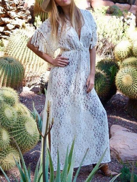 Lace Solid Color V-neck Dress - Maxi Dresses - INS | Online Fashion Free Shipping Clothing, Dresses, Tops, Shoes - 05/06/2021 - Color_White - DRE2106050112