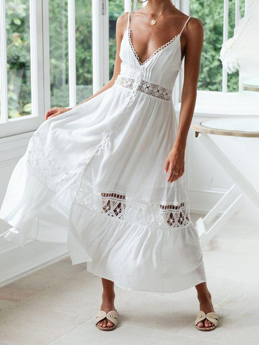 Lace Stitching Hollow Slit Sling Dress - Maxi Dresses - INS | Online Fashion Free Shipping Clothing, Dresses, Tops, Shoes - 11/06/2021 - Category_Maxi Dresses - Color_White