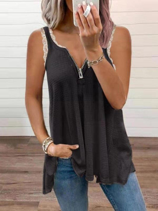 Lace Stitching Low-cut Solid Tank Top - Tank Tops - INS | Online Fashion Free Shipping Clothing, Dresses, Tops, Shoes - 16/06/2021 - 20-30 - color-black