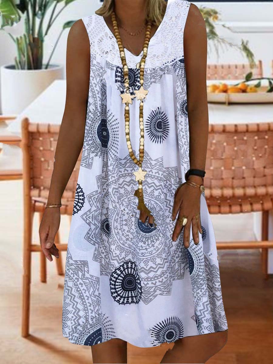 Lace Stitching Printed Sleeveless Dress - Mini Dresses - INS | Online Fashion Free Shipping Clothing, Dresses, Tops, Shoes - 07/06/2021 - Color_Gray - Color_Green