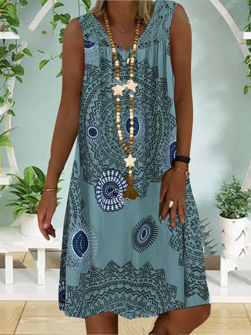 Lace Stitching Printed Sleeveless Dress - Mini Dresses - INS | Online Fashion Free Shipping Clothing, Dresses, Tops, Shoes - 07/06/2021 - Color_Gray - Color_Green