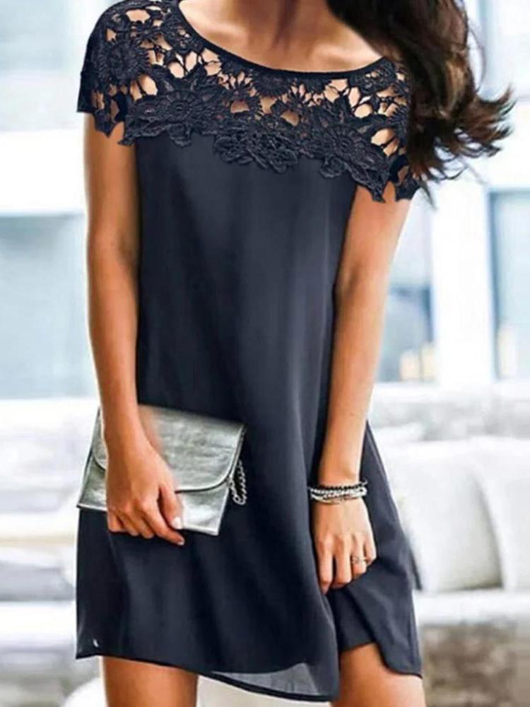 Lace Stitching Round Neck A-line Dress - Mini Dresses - INS | Online Fashion Free Shipping Clothing, Dresses, Tops, Shoes - 15/06/2021 - Color_Black - DRE2106150448