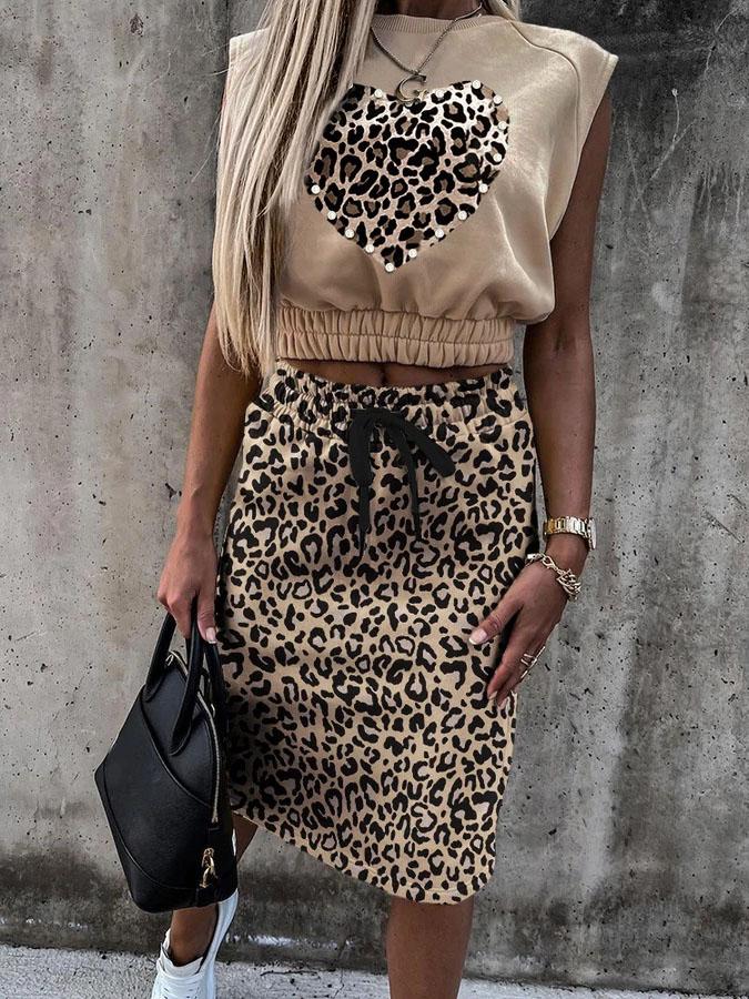 Lace-up Leopard Print Sleeveless Top & Drawstring Skirt Set - Suits - INS | Online Fashion Free Shipping Clothing, Dresses, Tops, Shoes - 31/05/2021 - Category_Suits - Color_Brown