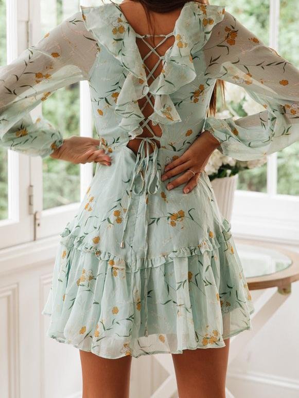 Lace-up Ruffled Printed Long-sleeved Dress - Mini Dresses - INS | Online Fashion Free Shipping Clothing, Dresses, Tops, Shoes - 16/06/2021 - 20-30 - color-light-blue