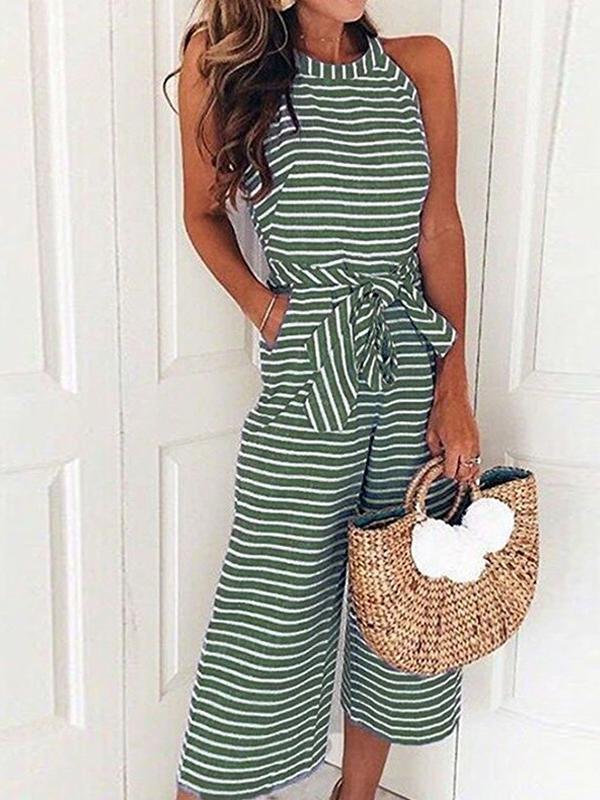 Lace-up Striped Round Neck Jumpsuit - Jumpsuit & Rompers - INS | Online Fashion Free Shipping Clothing, Dresses, Tops, Shoes - 01/07/2021 - 20-30 - Bottoms