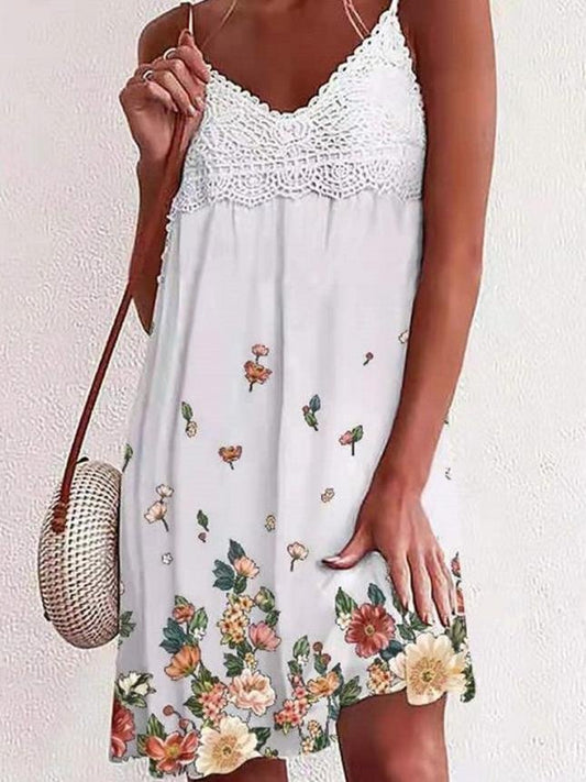 Lace V-Neck Floral Print Sleeveless Dress - Mini Dresses - INS | Online Fashion Free Shipping Clothing, Dresses, Tops, Shoes - 20-30 - 29/06/2021 - Category_Mini Dresses