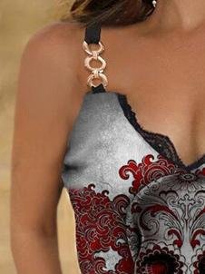 Lace V-neck Printed Camisole - Tank Tops - INS | Online Fashion Free Shipping Clothing, Dresses, Tops, Shoes - 10-20 - 23/06/2021 - color-gray