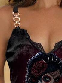 Lace V-neck Printed Camisole T-shirt - Tank Tops - INS | Online Fashion Free Shipping Clothing, Dresses, Tops, Shoes - 10-20 - 19/06/2021 - color-black