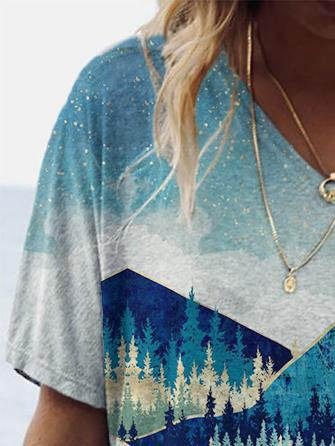 Landscape Print Short-sleeved V-neck T-shirt - T-shirts - INS | Online Fashion Free Shipping Clothing, Dresses, Tops, Shoes - 08/06/2021 - Color_Blue - Color_Green