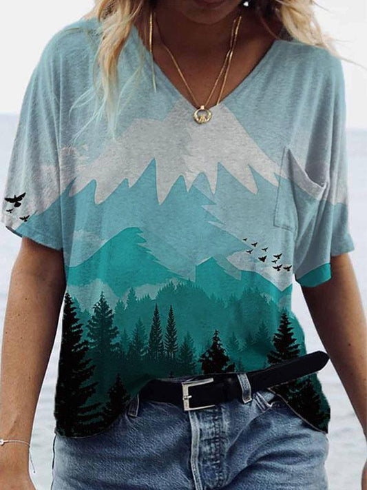 Landscape Print Short-sleeved V-neck T-shirt - T-shirts - INS | Online Fashion Free Shipping Clothing, Dresses, Tops, Shoes - 08/06/2021 - Color_Blue - Color_Green