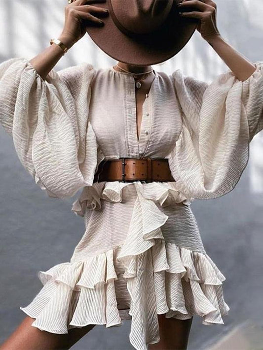 Lantern Sleeve Ruffled Waist Slimming Dress - Mini Dresses - INS | Online Fashion Free Shipping Clothing, Dresses, Tops, Shoes - 17/06/2021 - 30-40 - color-apricot