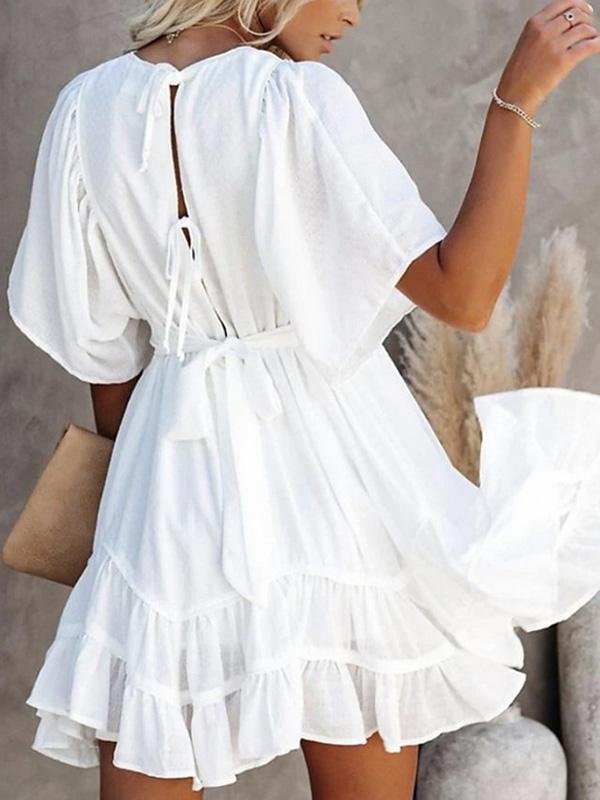 Layered Hem Drop Shoulder V Neck Mini Dress - Mini Dresses - INS | Online Fashion Free Shipping Clothing, Dresses, Tops, Shoes - 24/04/2021 - Category_Mini Dresses - Color_White