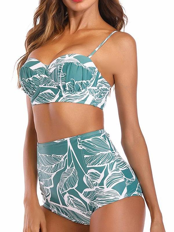 Leaf Printed High Waist Two Piece Swimsuits - Swimsuits - INS | Online Fashion Free Shipping Clothing, Dresses, Tops, Shoes - 06/04/2021 - AMZ - Beach