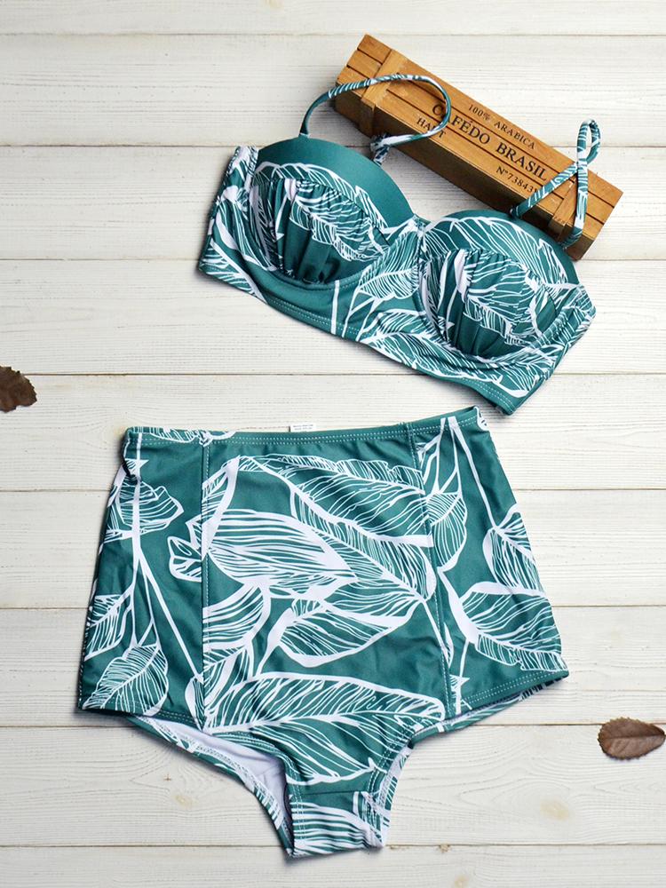 Leaf Printed High Waist Two Piece Swimsuits - Swimsuits - INS | Online Fashion Free Shipping Clothing, Dresses, Tops, Shoes - 06/04/2021 - Beach - Black