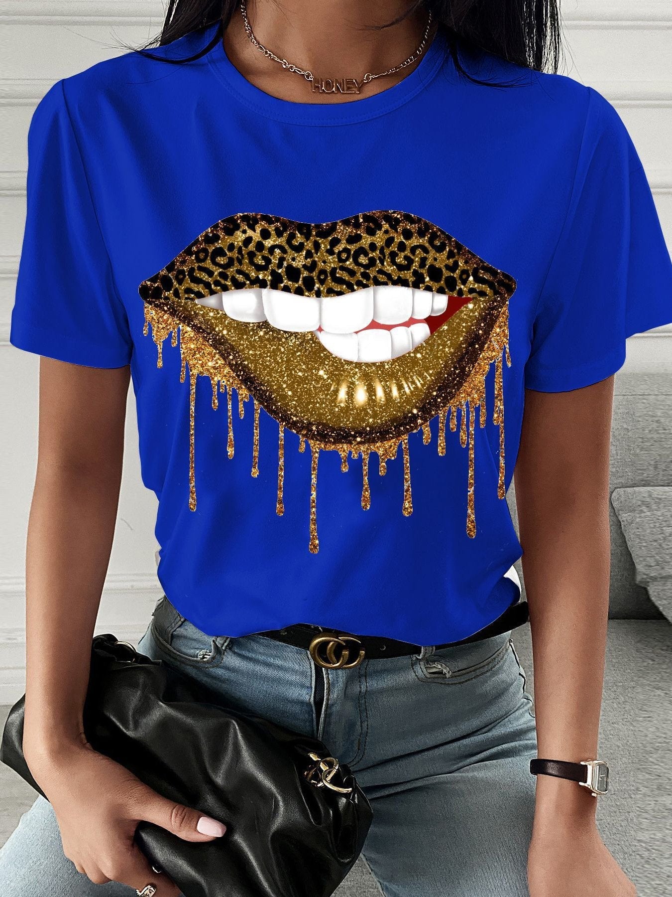 Leopard Lip Print Crew Neck T-shirt - T-shirts - INS | Online Fashion Free Shipping Clothing, Dresses, Tops, Shoes - 08/07/2021 - 10-20 - color-black