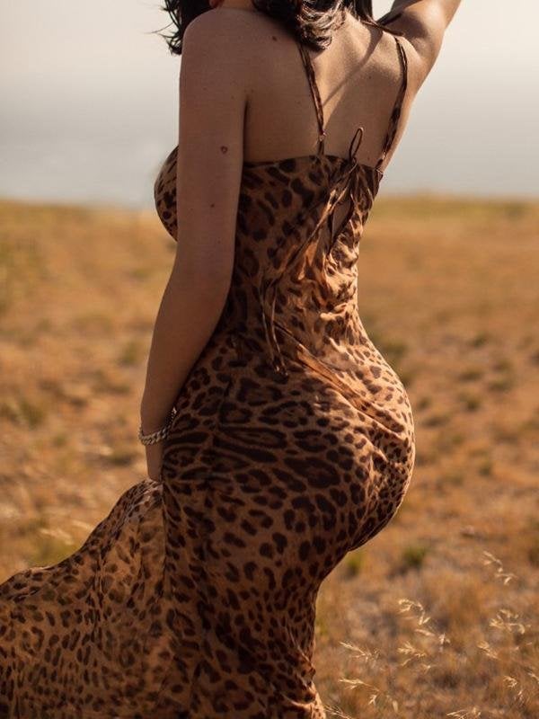 Leopard Print Backless Bodycon Maxi Dress With Straps - Maxi Dresses - INS | Online Fashion Free Shipping Clothing, Dresses, Tops, Shoes - 19/07/2021 - 20-30 - color-brown