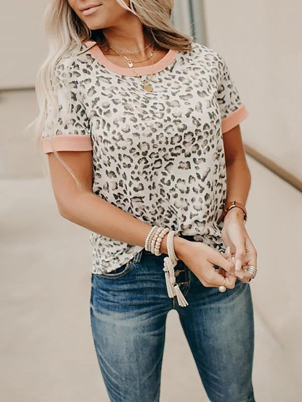 Leopard Print Color Round Neck T-shirt - T-shirts - INS | Online Fashion Free Shipping Clothing, Dresses, Tops, Shoes - 03/07/2021 - 10-20 - color-white