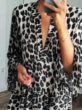 Leopard Print Long Sleeve Casual Dress - Mini Dresses - INS | Online Fashion Free Shipping Clothing, Dresses, Tops, Shoes - 15/06/2021 - Category_Mini Dresses - Color_Gray