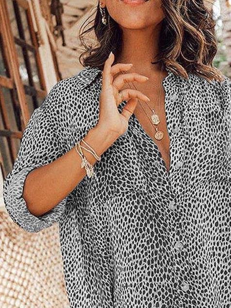 Leopard Print Long Sleeve Mini Shirt Dress - Mini Dresses - INS | Online Fashion Free Shipping Clothing, Dresses, Tops, Shoes - 15/06/2021 - Category_Mini Dresses - Color_Gray