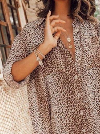 Leopard Print Long Sleeve Mini Shirt Dress - Mini Dresses - INS | Online Fashion Free Shipping Clothing, Dresses, Tops, Shoes - 15/06/2021 - Category_Mini Dresses - Color_Gray