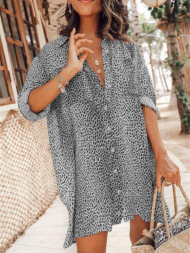 Leopard Print Long Sleeve Mini Shirt Dress - Mini Dresses - INS | Online Fashion Free Shipping Clothing, Dresses, Tops, Shoes - 15/06/2021 - Category_Mini Dresses - Color_Gray