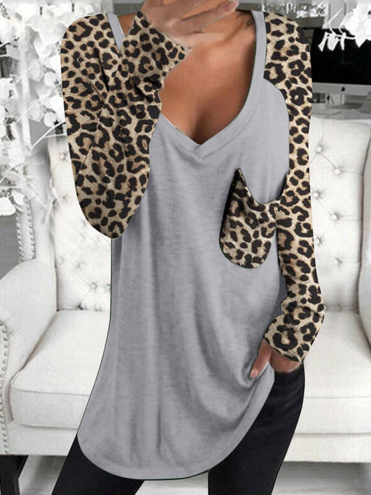 Leopard Print Long Sleeve V-neck Pocket Casual Blouses - Blouses - INS | Online Fashion Free Shipping Clothing, Dresses, Tops, Shoes - 02/06/2021 - BLO210602307 - Category_Blouses