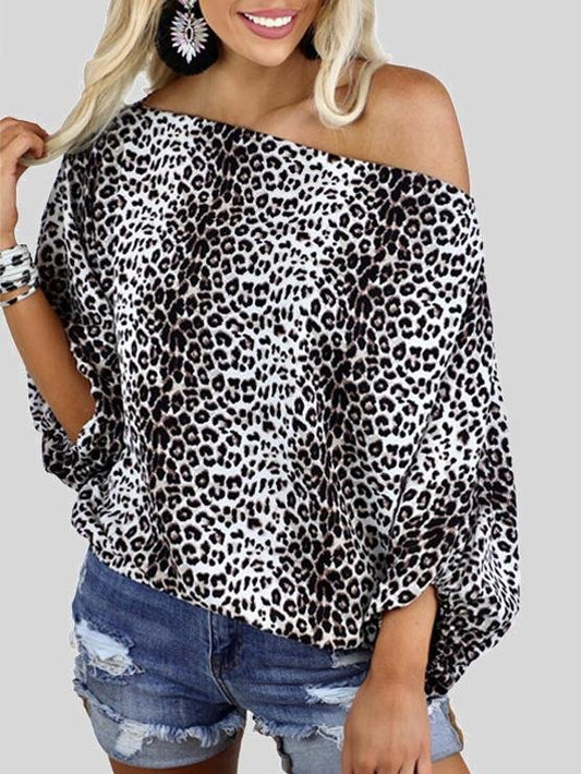 Leopard Print Oblique Collar Off Shoulder Long Sleeve Casual T-Shirt - T-Shirts - INS | Online Fashion Free Shipping Clothing, Dresses, Tops, Shoes - 18/06/2021 - 20-30 - color-leopard