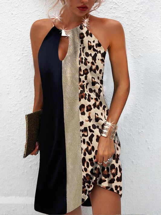 Leopard Print Sleeveless Halter Colorblock Dress - Mini Dresses - INS | Online Fashion Free Shipping Clothing, Dresses, Tops, Shoes - 14/07/2021 - 30-40 - color-black