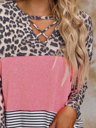 Leopard Print Stitching Long Sleeve V-Neck Casual T-Shirt - T-Shirts - INS | Online Fashion Free Shipping Clothing, Dresses, Tops, Shoes - 10-20 - 28/06/2021 - Category_T-Shirts