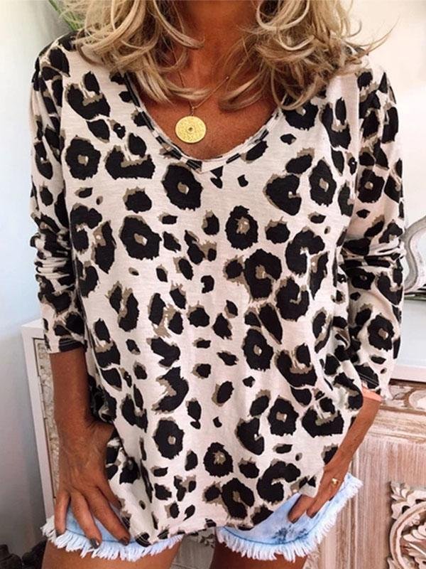 Leopard Print V-Neck Long Sleeve T-Shirt - T-Shirts - INS | Online Fashion Free Shipping Clothing, Dresses, Tops, Shoes - 09/07/2021 - 10-20 - Category_T-Shirts