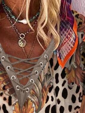 Leopard Print V-neck Short Sleeves T-shirt - T-shirts - INS | Online Fashion Free Shipping Clothing, Dresses, Tops, Shoes - 08/06/2021 - Color_Brown - LXQ