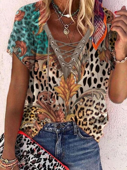 Leopard Print V-neck Short Sleeves T-shirt - T-shirts - INS | Online Fashion Free Shipping Clothing, Dresses, Tops, Shoes - 08/06/2021 - Color_Brown - LXQ